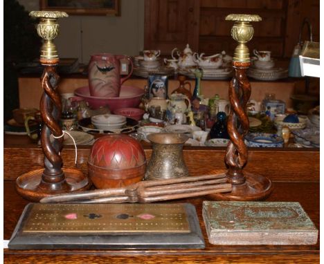 Pair of oak barley twist candlesticks, brass cribbage board, two pairs of vintage steel curling tongs etc   Condition: 