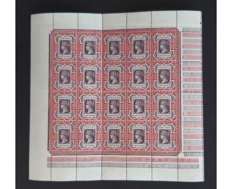 1887-92 QV 10d dull purple and carmine SG210. A superb UM sheet of 20! Has a horizontal light crease in the top margin not af