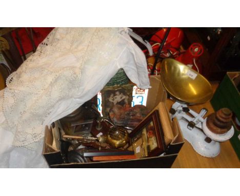 Miscellaneous items, inc. old kitchen scales with weights, soapstone carving, brassware, etc. and two christening gowns