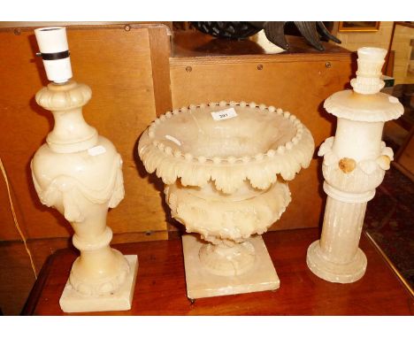 Carved alabaster lamp bases and urn for planter