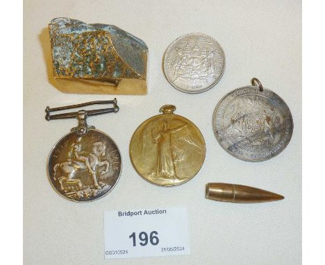 WW1 medal pair, awarded to 48440 Pte. A. Smith, N STAFF R, a trench art shrapnel paperweight and medallions, etc.