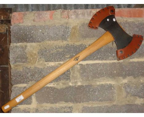 A Gransfors Bruk of Sweden double headed axe, as new with leather covers to blades