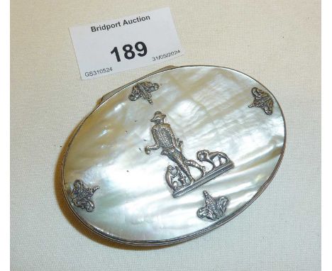 Fine 18th c. mother of pearl and white metal oval snuff box, decorated with figure and animals to lid, approx. 7.5cm long