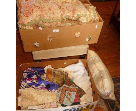 Assorted linen, silk scarves and hankies, and an eiderdown in a paisley-type cover (2 boxes)