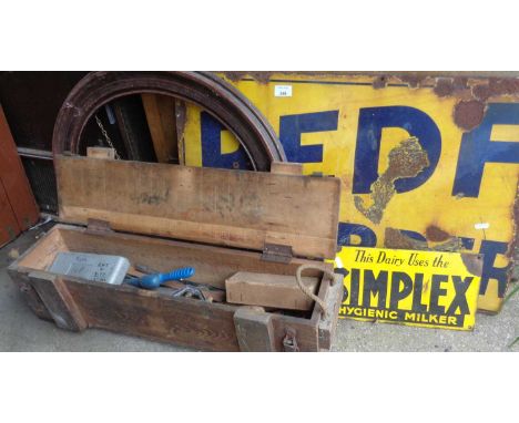 1 and half enamel signs, oval picture frame and an old ammo box with tools