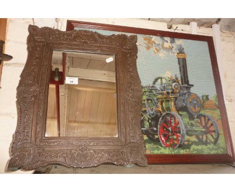 Embossed metal framed wall mirror, a tapestry of a steam engine and a print after A.A. Milne of Winnie the Pooh's land