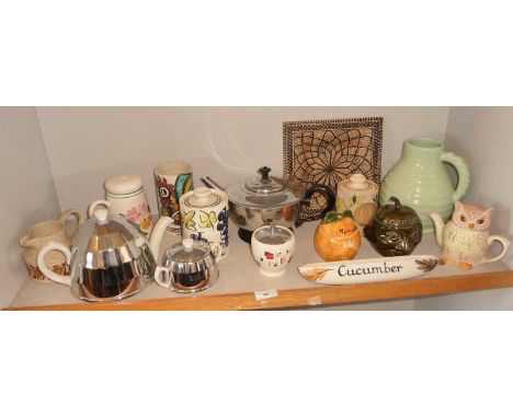1930's Heatmaster tea pot and sugar basin, two 1960's Geoffrey Maund pottery storage jars, two Toni Raymond condiment pots an