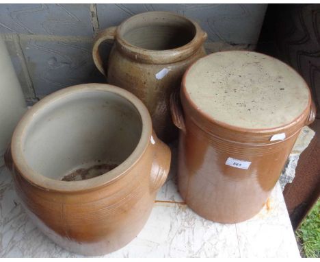 Stoneware crock, lidded storage jar and a similar pitcher