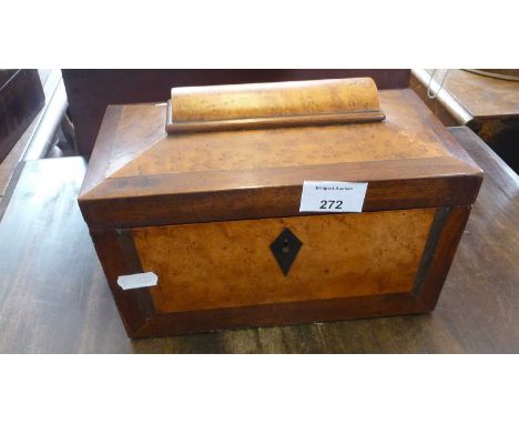 19th c. mahogany and burr walnut sarcophogus shaped tea caddy