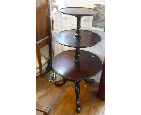 Georgian three tiered mahogany circular dumb waiter with tripod base