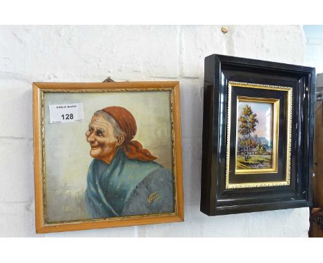 Oil on board portrait of an old gypsy lady, signed Vinci, 6" x 6", together with a Francoise Limoges ceramic miniature landsc