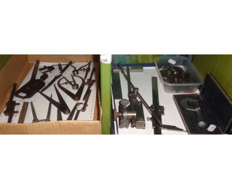 Collection of engineering callipers, micrometer and lathe tool (2 trays)