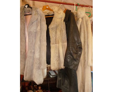 Vintage clothing: two ladies fur jackets, a black leather overcoat and a simulated fur coat by Tissavel of France