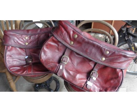 Pair of large red leather motorbike panniers with Indian Motorcycle logo's