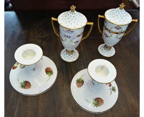 Pair Mintons china urn shaped vases with covers, 5.5" high and a pair of Coalport china candlesticks