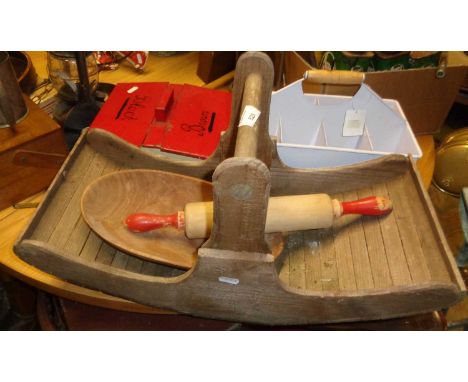 Wooden trug, rolling pin, a tin bottle holder and a shoe polish tin