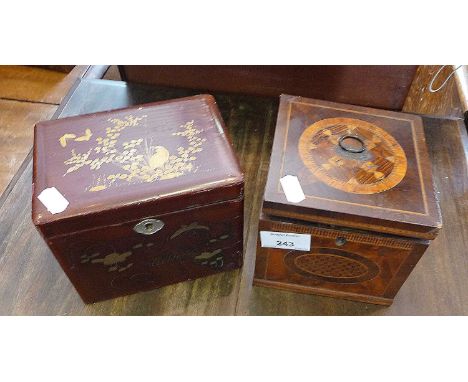 Georgian walnut tea caddy with inlay and marquetry panels, together with a lacquered tea caddy