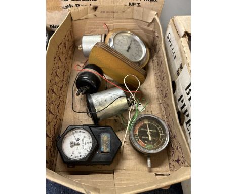 Box various vintage auto gauges, thermometer etc
