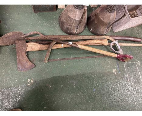 Mixed Lot various vintage garden tools to include felling axe, turfing iron etc