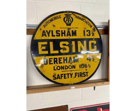 Enamelled circular tin sign, Automobile Association "Elsing" showing distance from Aylsham and Dereham