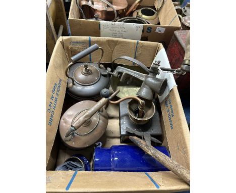 Box of various copper kettles, blue enamel storage jars, coffee grinder etc