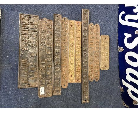 Group of various iron maker's plates for carts and implements to include R Hunt &amp; Co, Burton of North Walsham, Gainsbro b