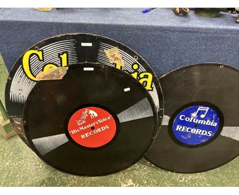 Group of enamel signs formed as records, two marked 'Columbia Records', the other marked 'His Masters Voice Records', largest