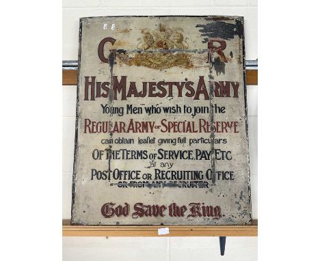 1920's/30's Army Recruitment tin sign bearing GR Arms His Majesty's Army God Save The King etc, double sided, reverse "Apply 