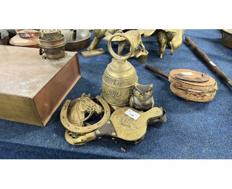 Mixed Lot:  Brass bell, miniature brass mounted bellows, a horseshoe door knocker and other items