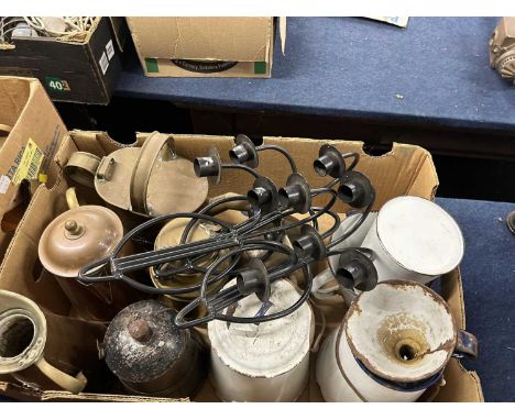 Box of various vintage kitchen wares to include enamel pots, copper water can, iron candle holders etc