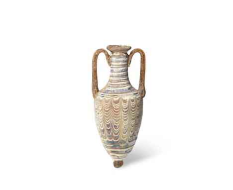  An Eastern Mediterranean core-formed glass amphoriskos Hellenistic Period, circa 1st Century B.C.The dark blue piriform body