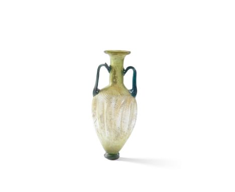  A Roman moss green glass amphoriskos Circa 4th Century A.D.With applied trail handles and pad base of turquoise with fine re