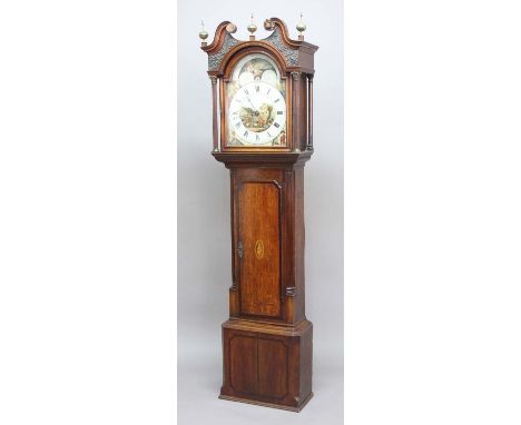 OAK MUSICAL LONGCASE CLOCK, the painted dial with 13 3/4" chapter ring and inner date ring, centred with a pastoral scene and