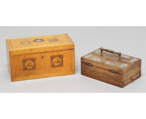 SATINWOOD BOX AND COVER, applied with scenes of putti inside a dotted circle inlaid border with a silver handle, width 31cm; 