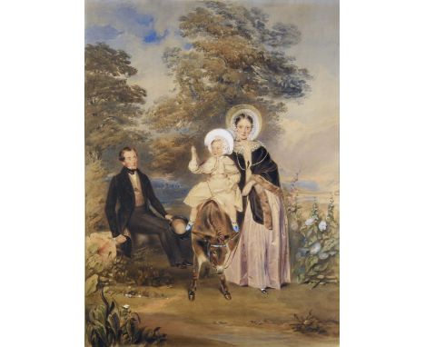 EDWARD J. HARDING (Fl.1840-1870) A FAMILY PORTRAIT, THE CHILD UPON A DONKEY Signed and dated 1839, watercolour 50 x 36.5cm. P