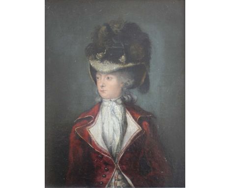 FOLLOWER OF JOHAN JOSEPH ZOFFANY, RA (1733-1810) PORTRAIT OF A LADY Half length, wearing a red coat and a plumed hat, oil on 