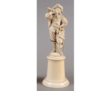 DIEPPE IVORY FIGURE OF A MUSKETEER, 19th century, carved standing playing a bugle, on a cylindrical column, height 17cm