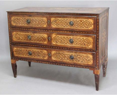 ITALIAN WALNUT AND INLAID COMMODE, mid-late 18th century, the crossbanded top above three long drawers each with two panels o