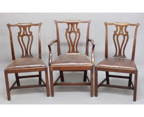 SET OF EIGHT CHIPPENDALE STYLE DINING CHAIRS, 19th century, with pierced, vase shaped splat, leather upholstered drop-in seat