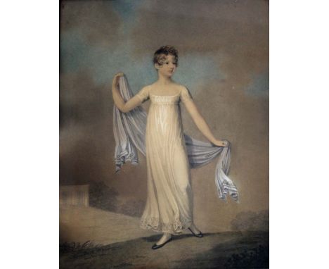 ADAM BUCK (1759-1833) PORTRAIT OF A GIRL Standing full length, wearing a white dress and holding a blue shawl, signed and dat