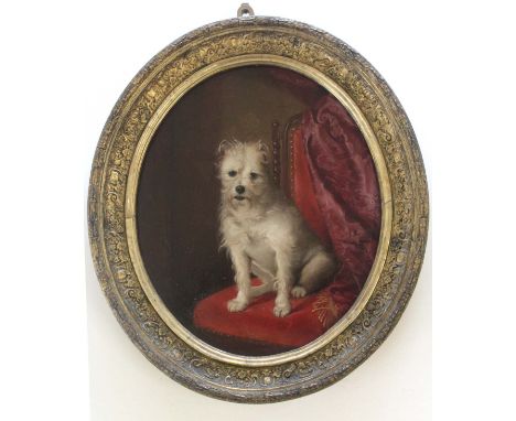 FOLLOWER OF EDWIN DOUGLAS (1848-1914) PORTRAIT OF A FAVOURITE TERRIER UPON A CHAIR Oil on board, oval  33 x 27.5cm. ++ Scatte