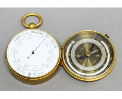 FRENCH POCKET ANEROID BAROMETER COMPASS AND THERMOMETER,  early 20th century, maker's mark ?AED?, with a 5cm enamelled dial, 