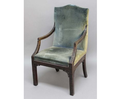 CHINESE CHIPPENDALE STYLE OPEN ARMCHAIR, 19th century, the humped back above down swept arms with blind fretwork, stuffed ove