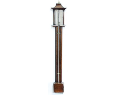 GEORGE III MAHOGANY STICK BAROMETER, the caddy top above a silvered gauge inscribed Farelli, Banbury, next to a thermometer, 