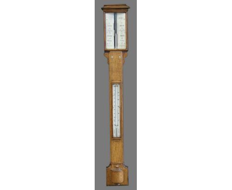 VICTORIAN OAK STICK BAROMETER, the caddy top above an ivorine gauge inscribed A Masper, Optician, Bolton, mercury thermometer