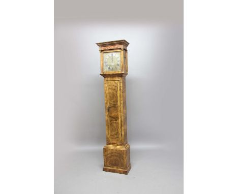 WALNUT LONGCASE CLOCK, the brass dial with 11 1/2" silvered dial, subsidiary seconds dial and date aperture and a silvered pl