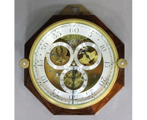 BRASS AND ROSEWOOD TABLE CLOCK,  by Derek Higginson, dated 1987, the 4 1/4" silvered minute chapter ring with three subsidiar