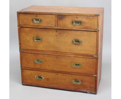 TEAK CAMPAIGN CHEST, by Army & Navy, in two sections, two short and three long drawers, ivorine button to one drawer, height 