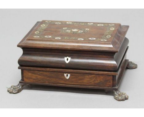 VICTORIAN ROSEWOOD AND MOTHER OF PEARL INLAID WORK CUM WRITING BOX, with part fitted interior and on lion paw feet, height 19