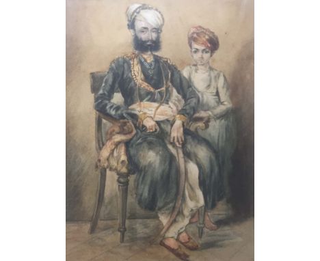 ENGLISH SCHOOL, 19/20th CENTURY PORTRAIT OF A SEATED INDIAN GENTLEMAN, A CHILD AT HIS SIDE Watercolour 35.5 x 25cm. ++ Some f
